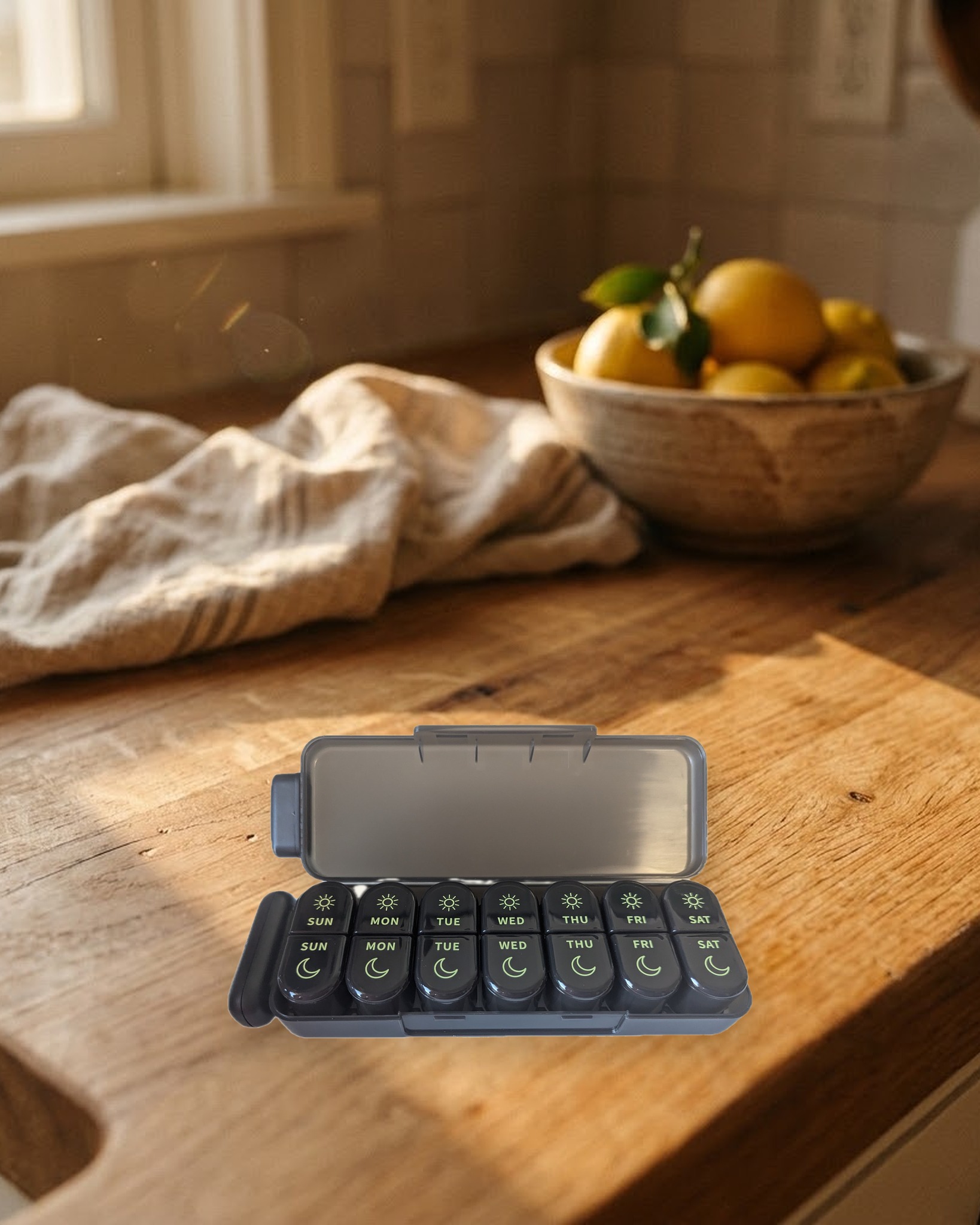 The organizer on a wooden kitchen counter in warm morning light
