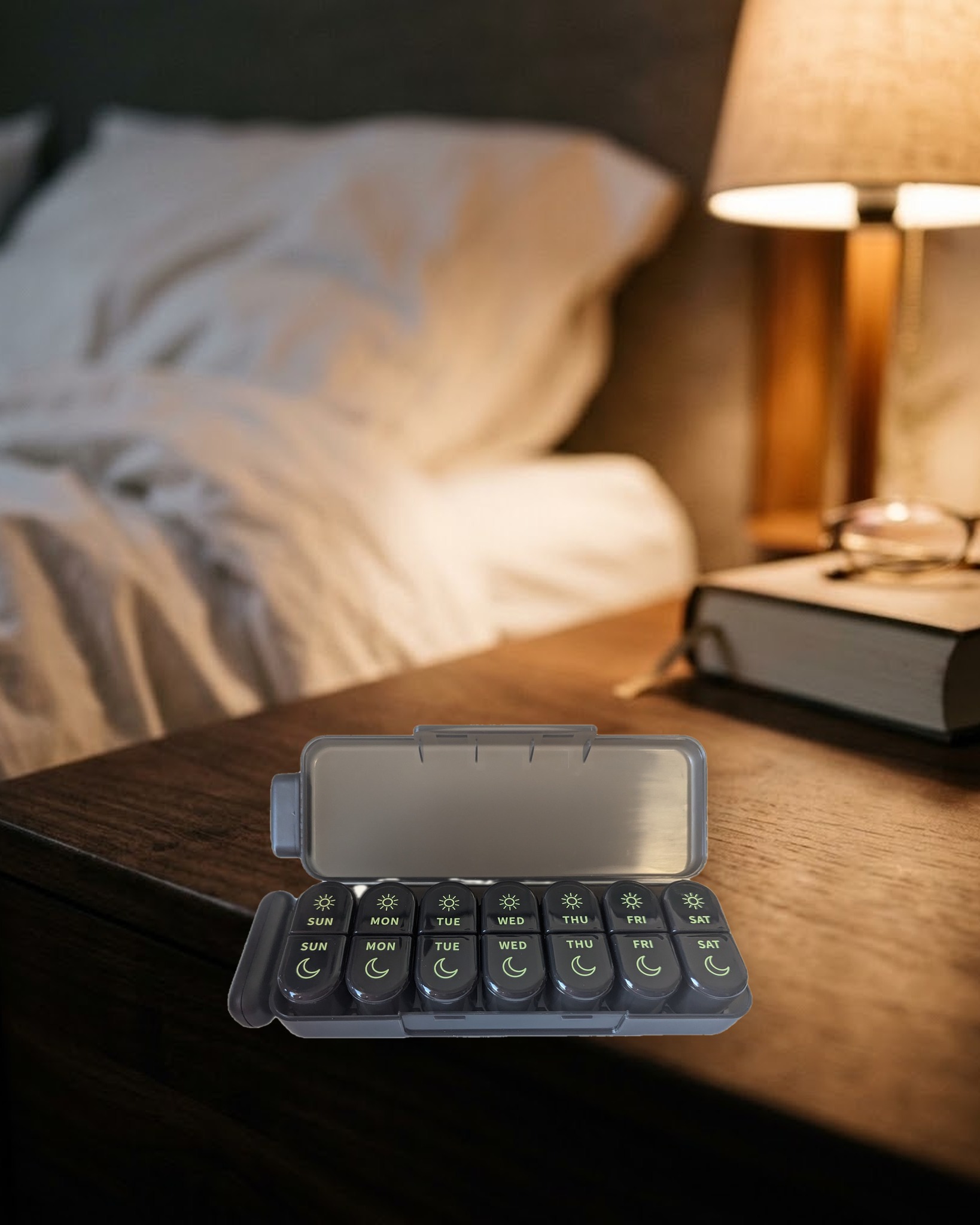 The organizer on a nightstand beside a lamp