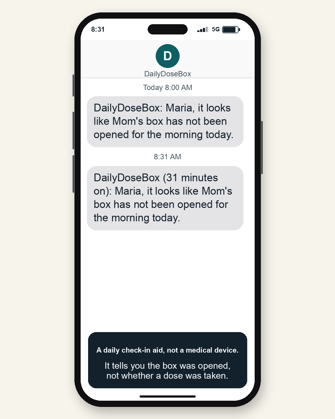 A phone showing the DailyDoseBox text message: the box has not been opened this morning